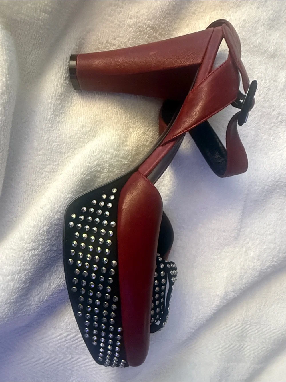 Sonia Rykiel Burgundy Studded Peep-Toe Block Heels with Ankle Strap